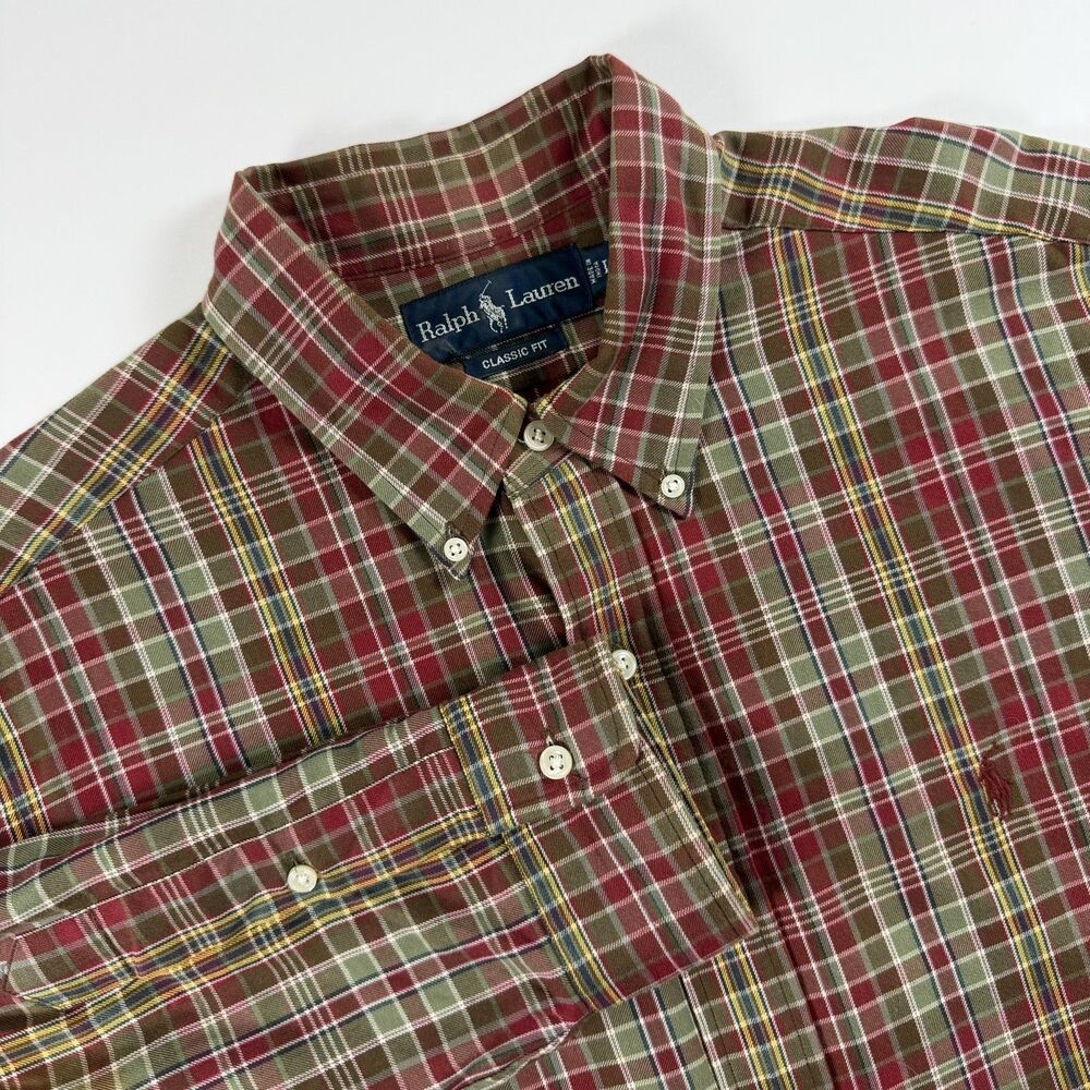 Ralph Lauren Classic Fit Shirt Men’s L Red Green Plaid Button Down Long Sleeve
